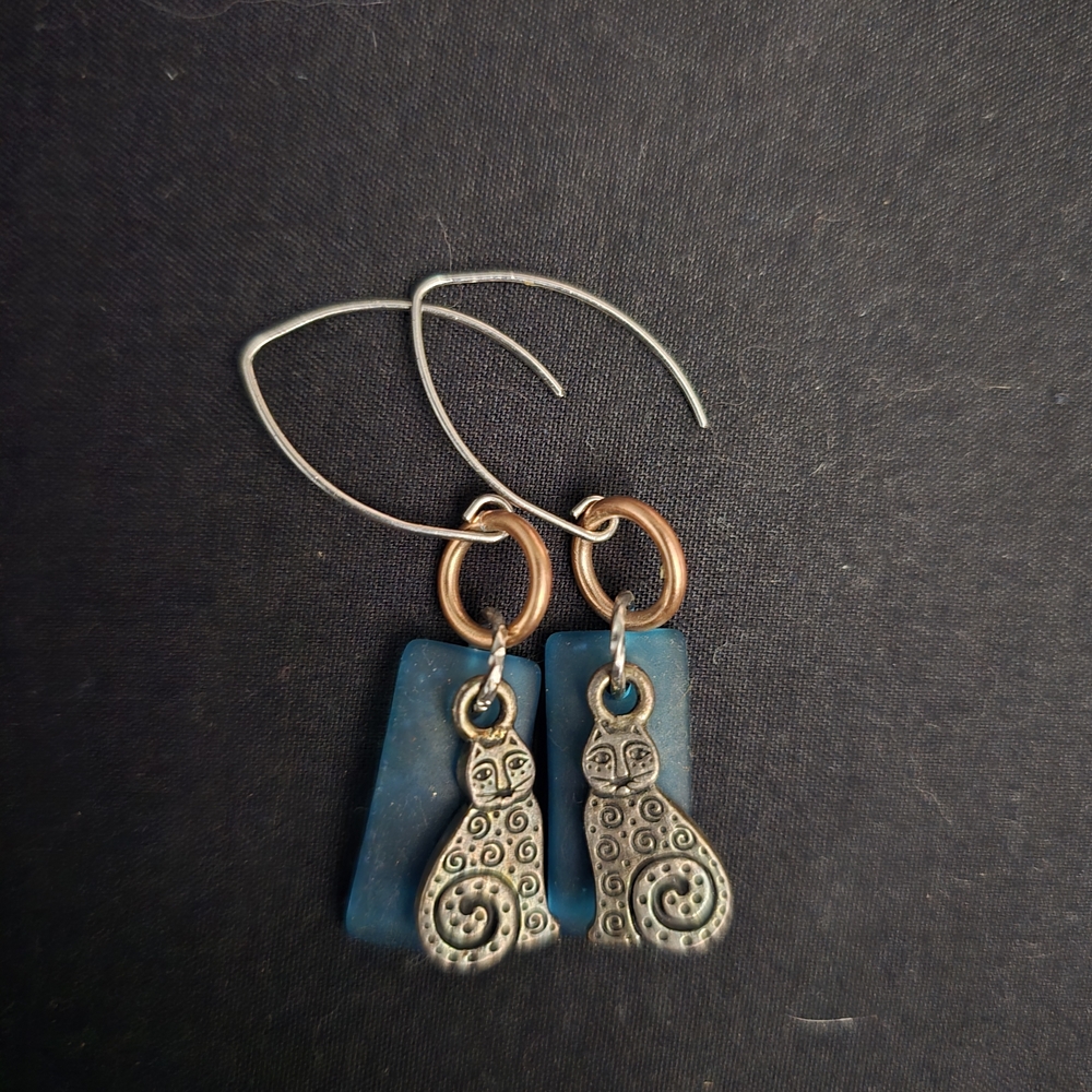 Silver and Blue Cat Earrings